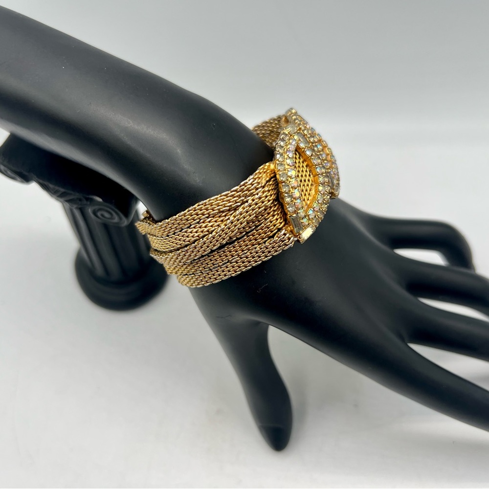 Rare vintage HOBE gold & AB rhinestone costume bracelet 7” multi strand chain - Picture 11 of 14